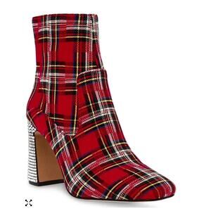 Betsey Johnson Blanche Red Plaid Boots Textile Upper Size 5 NIB Dressy Holiday